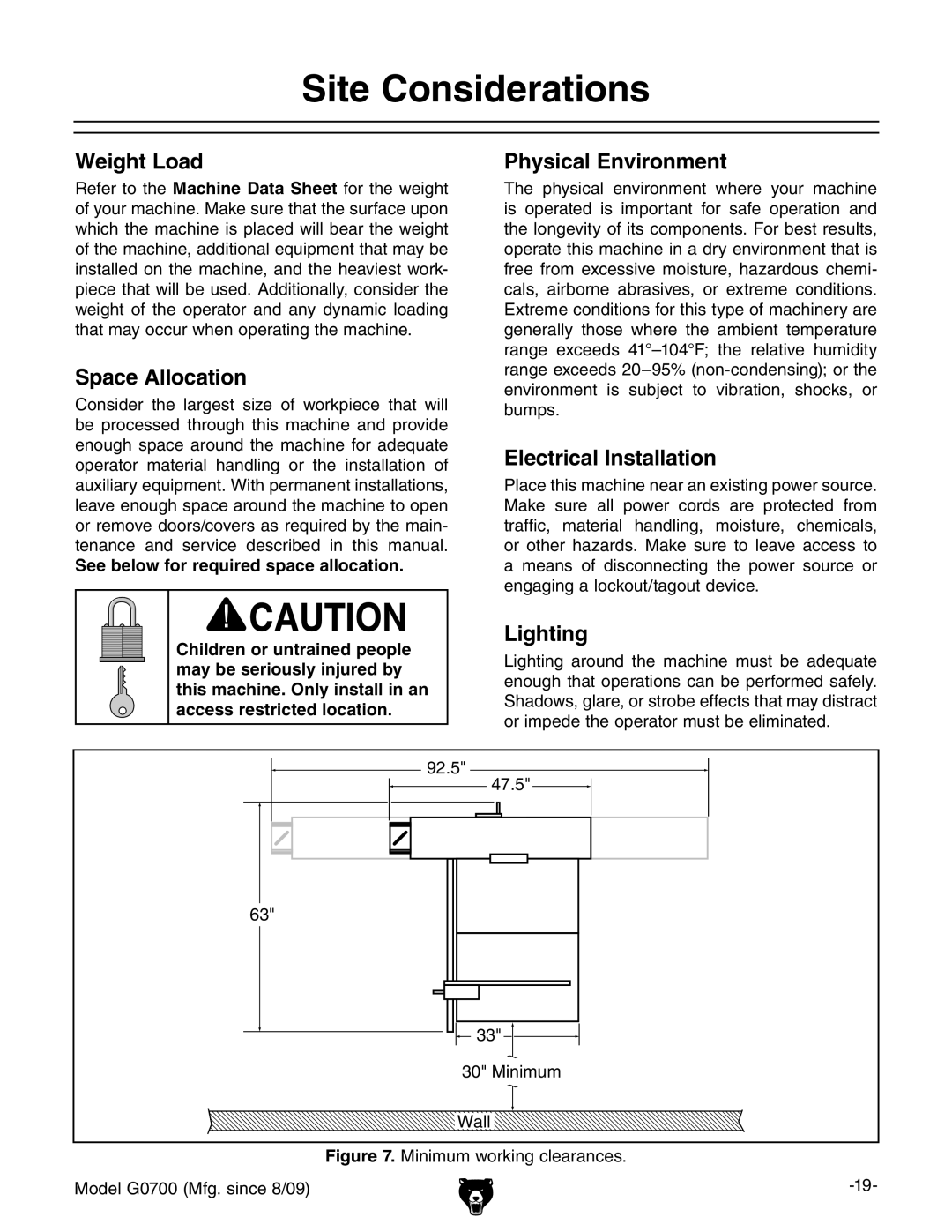 Grizzly G0700 owner manual Site Considerations 