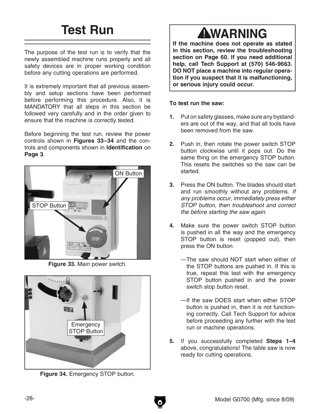 Grizzly G0700 owner manual Test Run, To test run the saw 