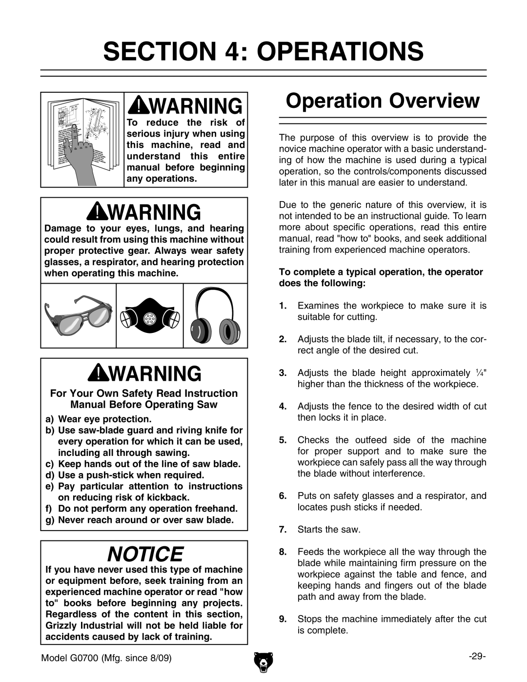 Grizzly G0700 owner manual Operations, Operation Overview 