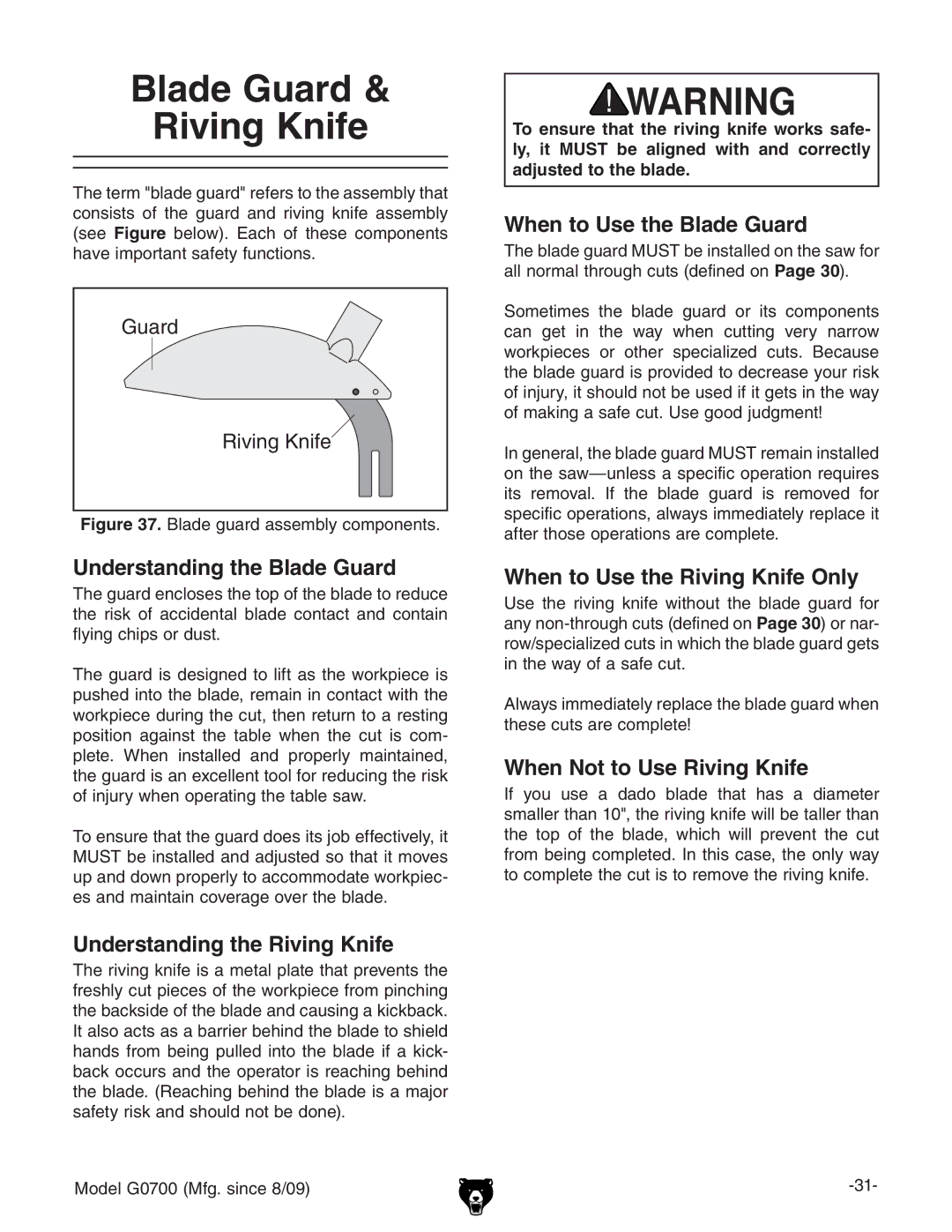 Grizzly G0700 owner manual Blade Guard Riving Knife 