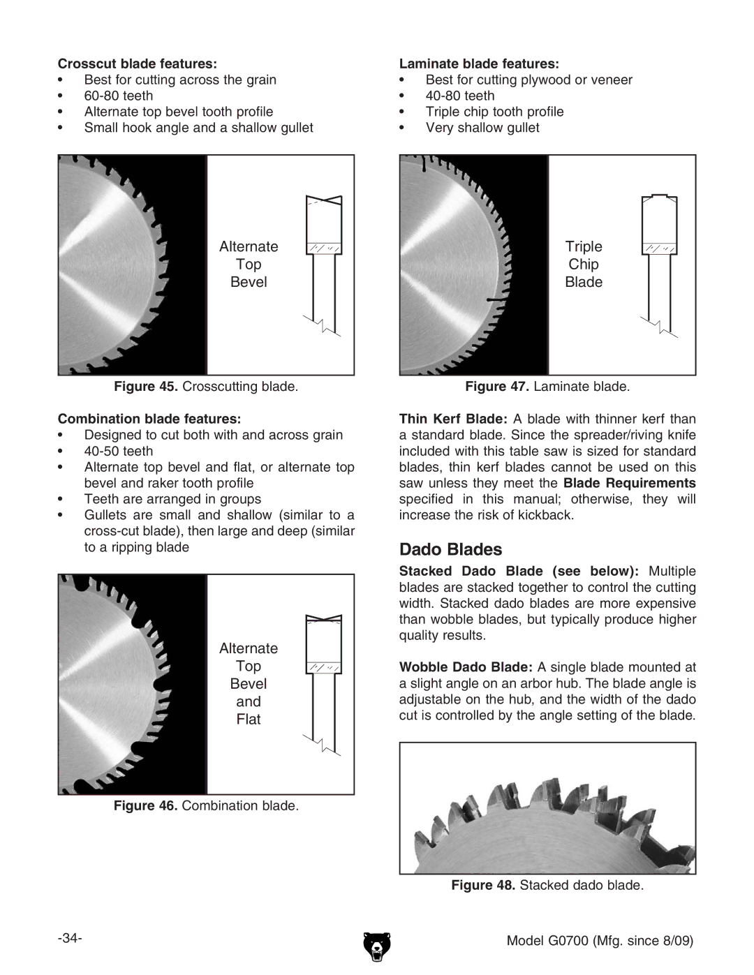 Grizzly G0700 owner manual Dado Blades, Crosscut blade features Laminate blade features, Combination blade features 