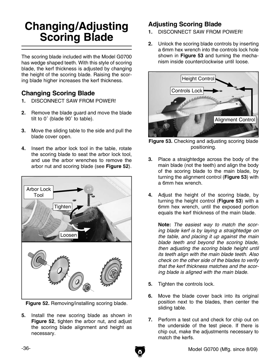 Grizzly G0700 owner manual Changing/Adjusting Scoring Blade, Changing Scoring Blade 