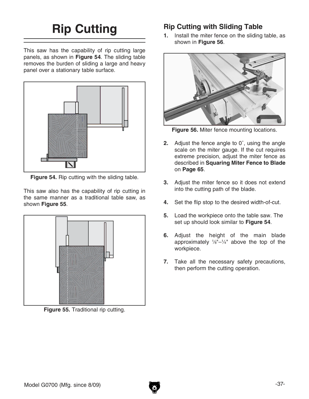 Grizzly G0700 owner manual Rip Cutting with Sliding Table 