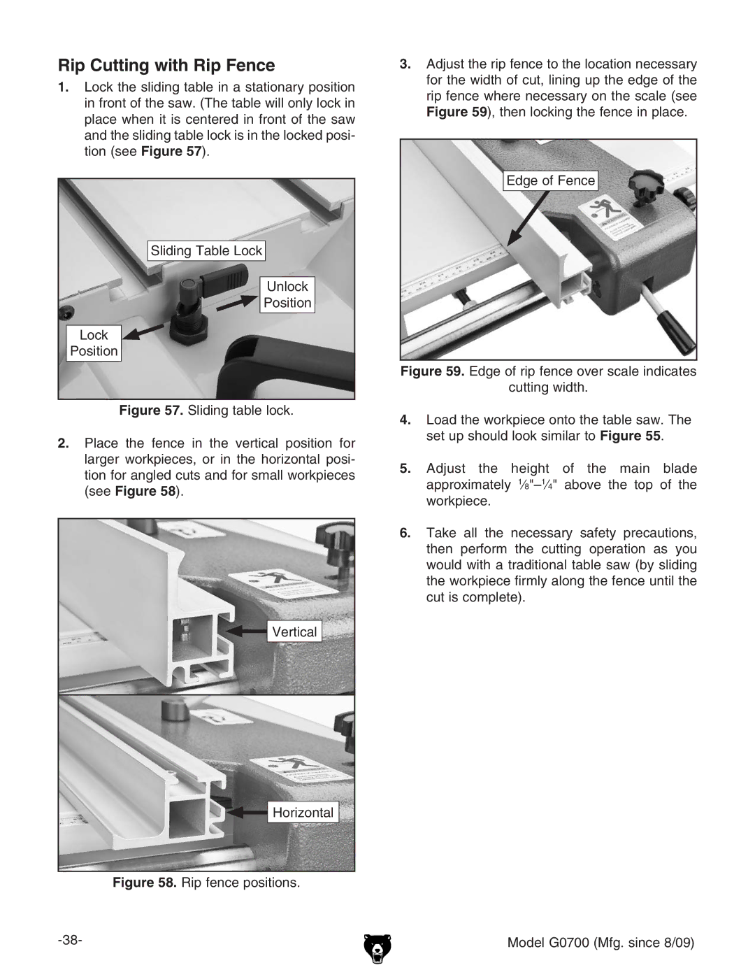 Grizzly G0700 owner manual Rip Cutting with Rip Fence 