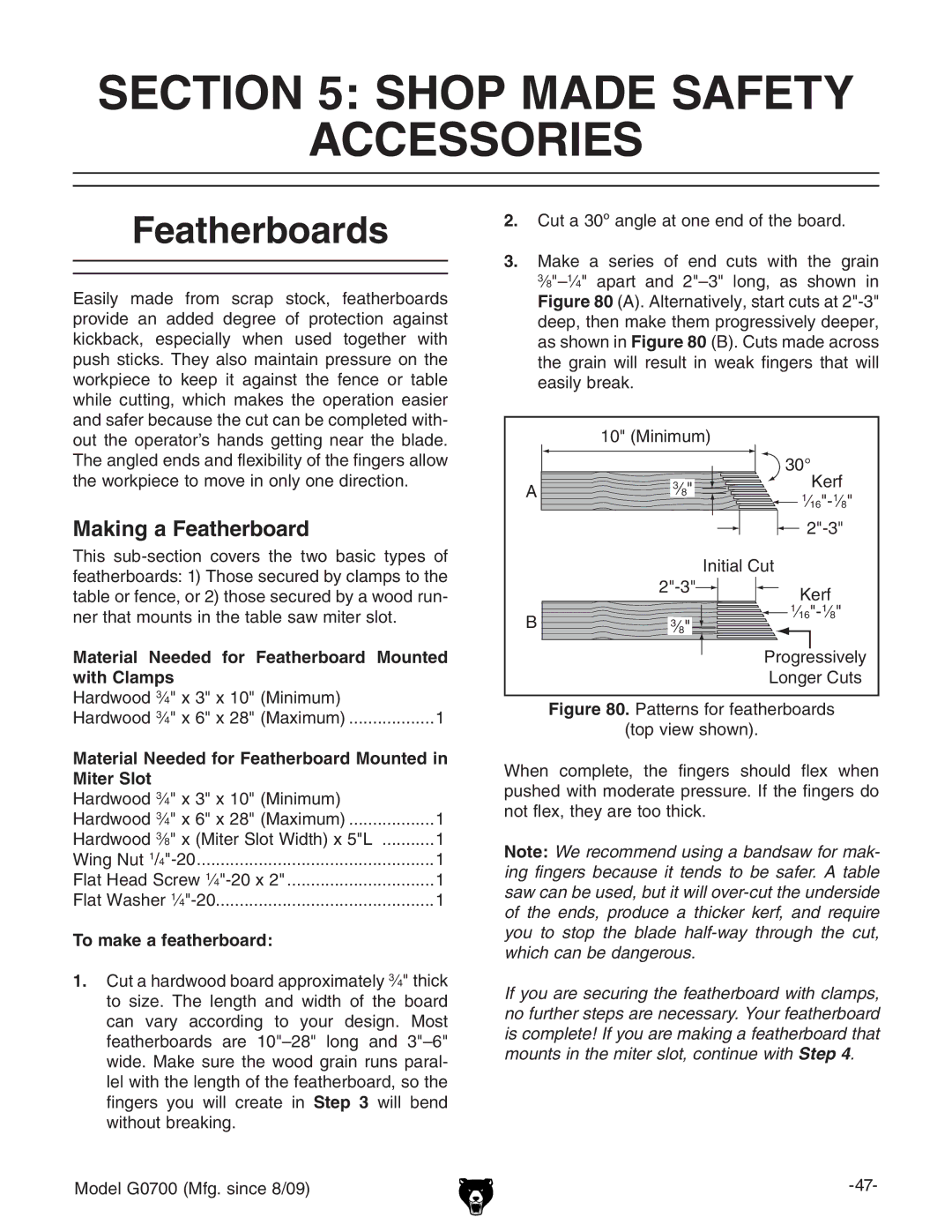 Grizzly G0700 owner manual Shop Made Safety Accessories, Featherboards, Making a Featherboard 