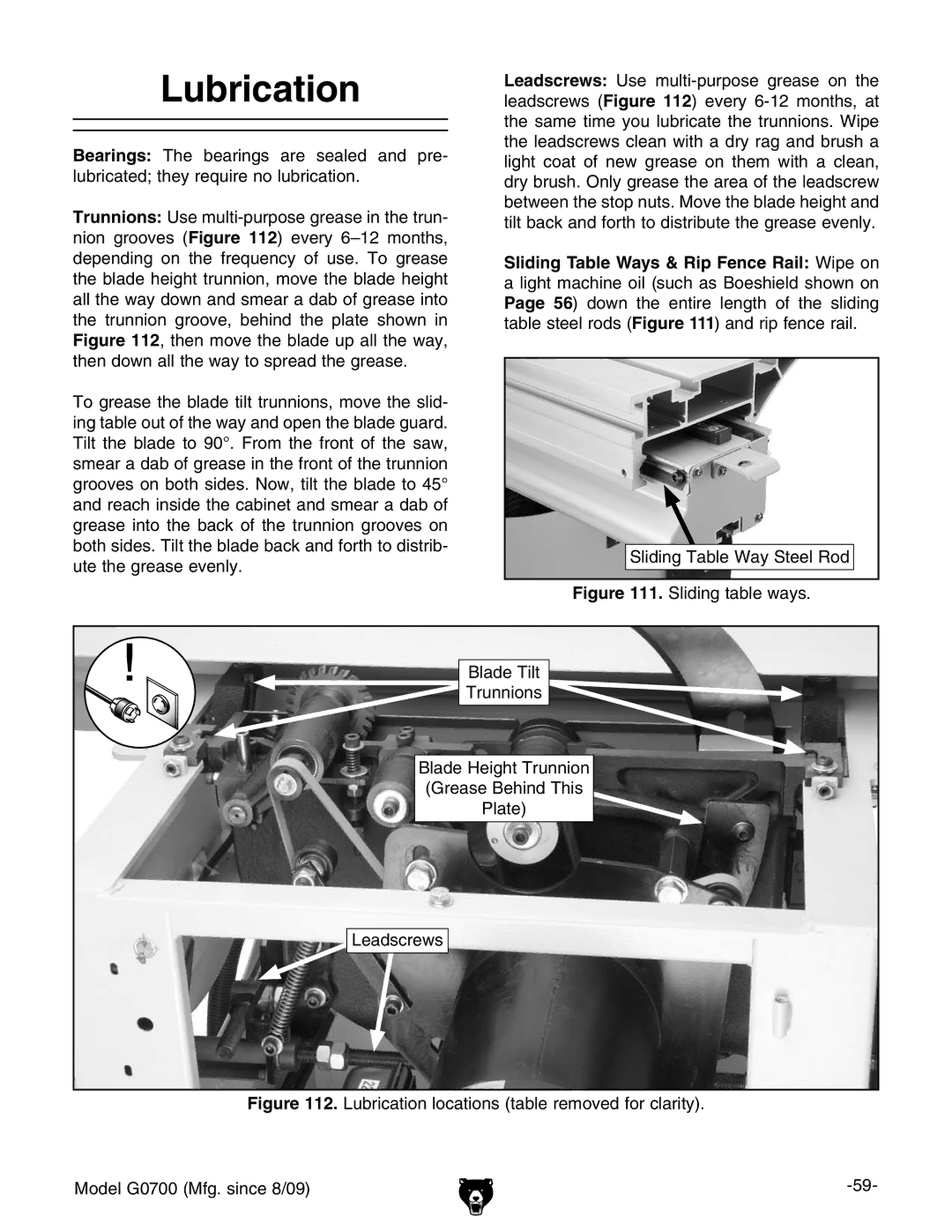 Grizzly G0700 owner manual Lubrication 