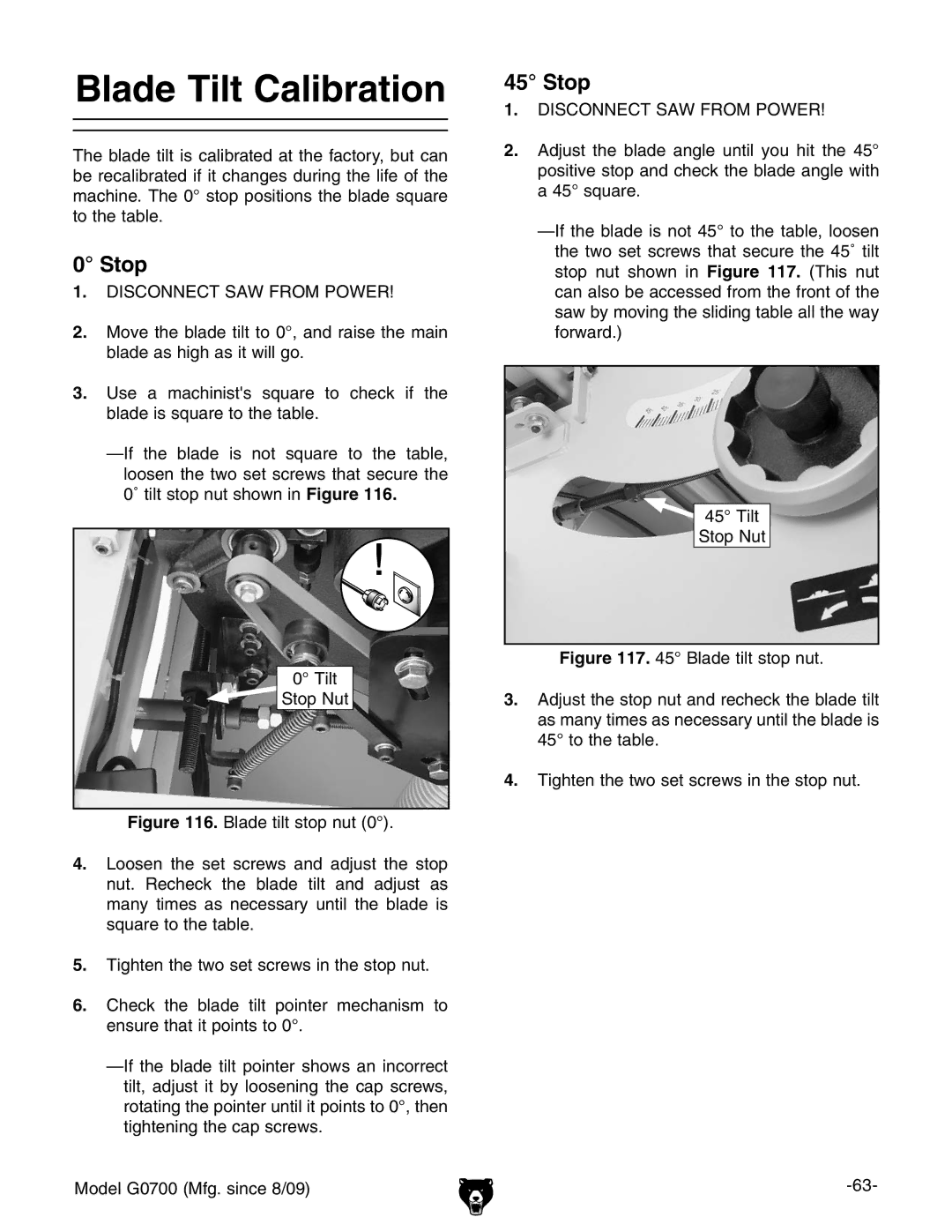 Grizzly G0700 owner manual Blade Tilt Calibration, Stop 