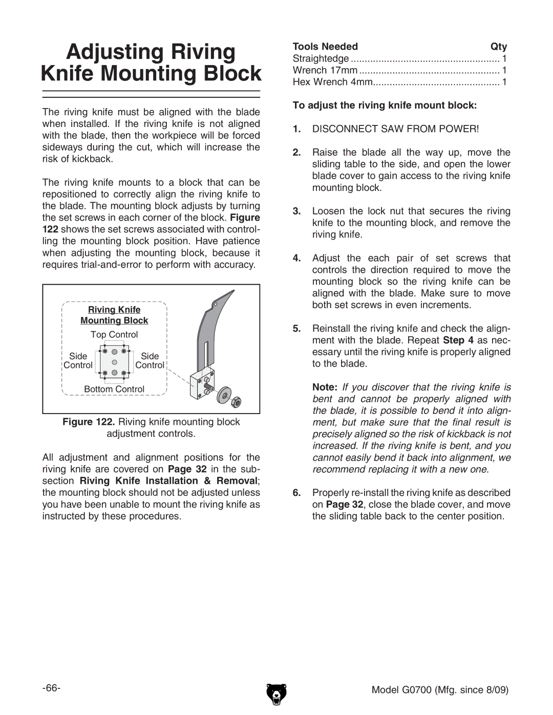 Grizzly G0700 owner manual Adjusting Riving Knife Mounting Block, To adjust the riving knife mount block 