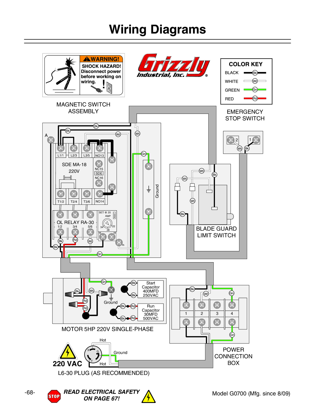 Grizzly G0700 owner manual Wiring Diagrams, 220 VAC 