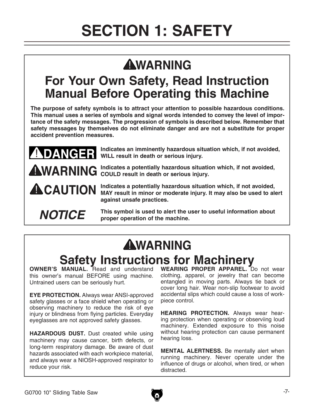 Grizzly G0700 owner manual Safety Instructions for Machinery 