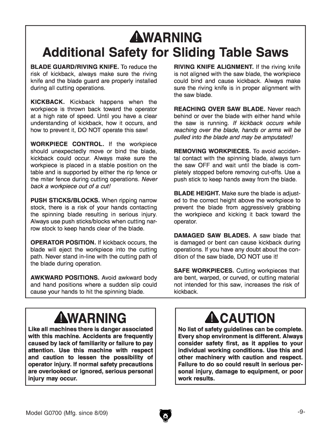 Grizzly G0700 owner manual Additional Safety for Sliding Table Saws 