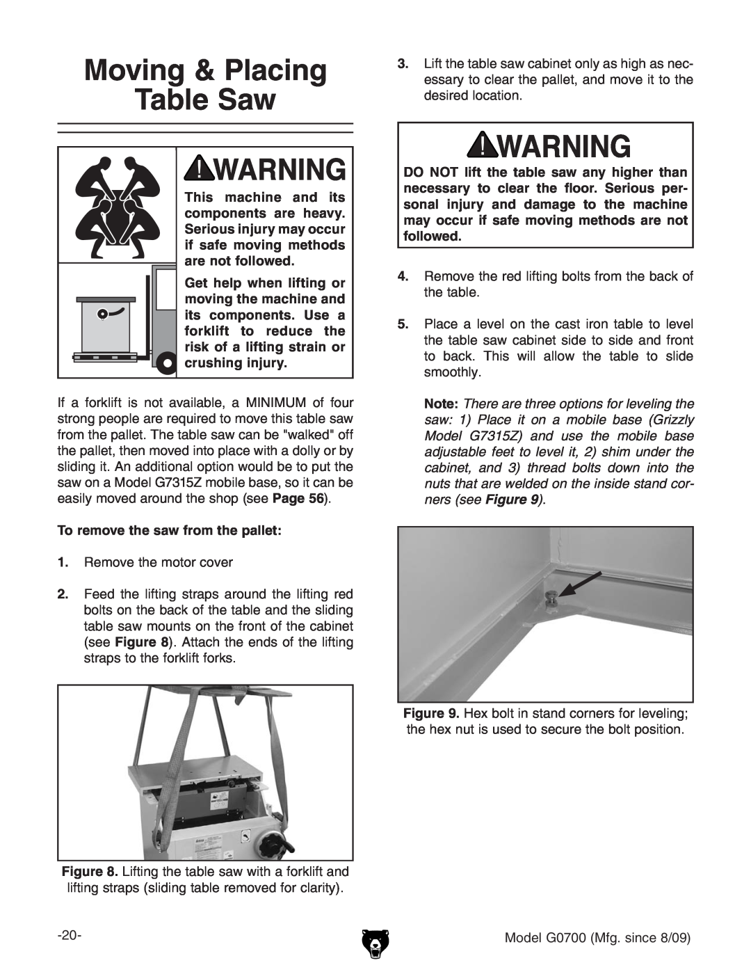 Grizzly G0700 owner manual Moving & Placing Table Saw, Note There are three options for leveling the 