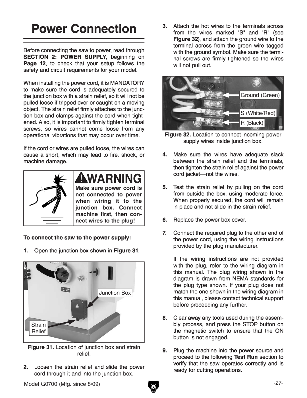 Grizzly G0700 owner manual Power Connection, To connect the saw to the power supply 