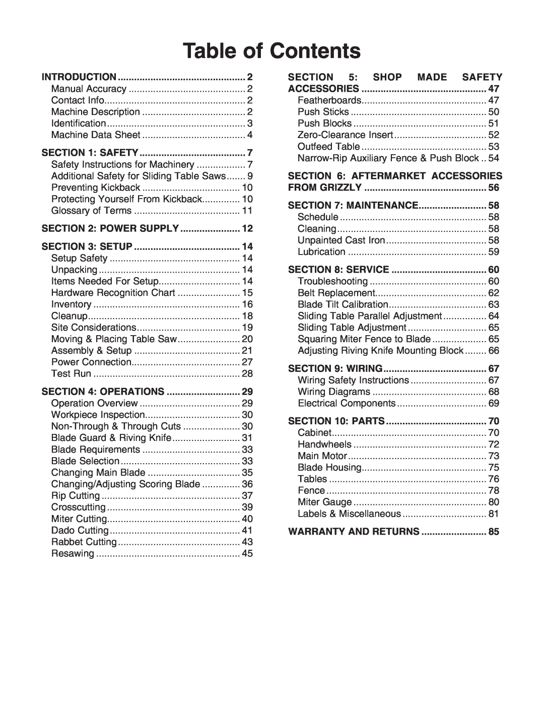 Grizzly G0700 owner manual Table of Contents 