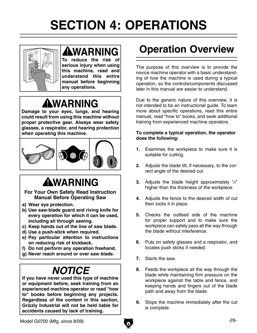 Grizzly G0700 owner manual Operations, Operation Overview, For Your Own Safety Read Instruction Manual Before Operating Saw 