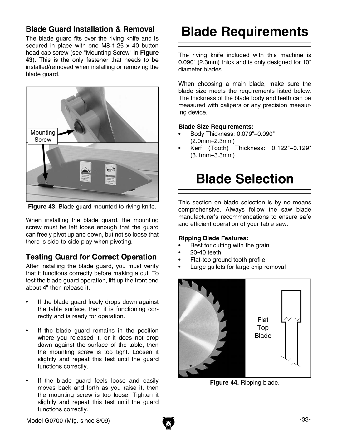 Grizzly G0700 owner manual Blade Requirements, Blade Selection, Blade Guard Installation & Removal, Flat Top Blade 