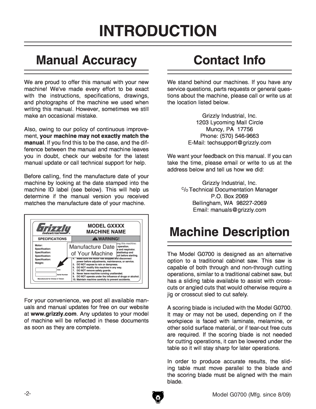 Grizzly G0700 owner manual Introduction, Manual Accuracy, Contact Info, Machine Description 