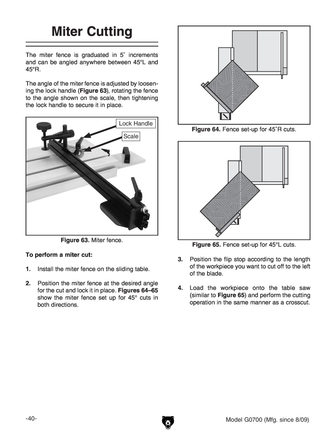 Grizzly G0700 owner manual Miter Cutting, To perform a miter cut 