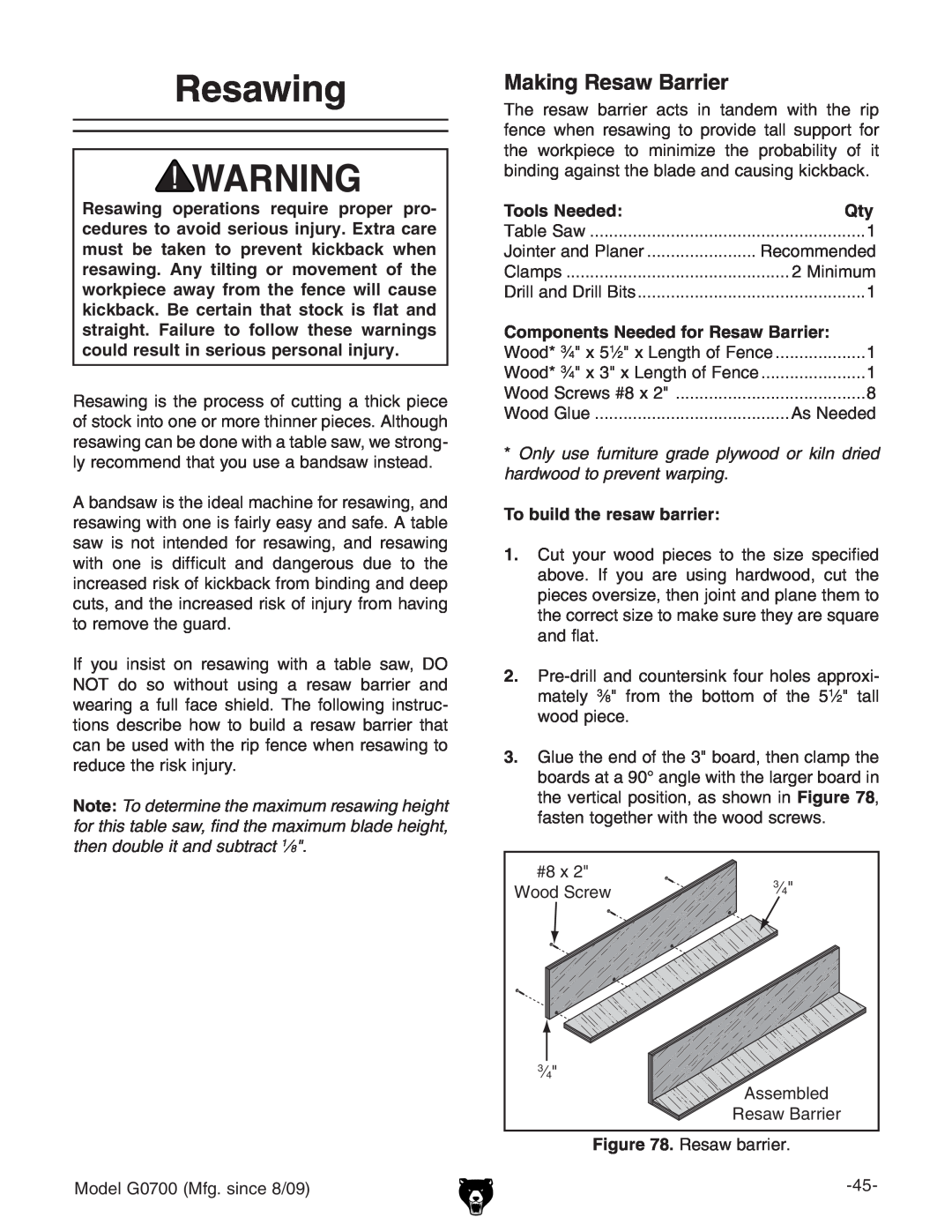 Grizzly G0700 owner manual Resawing, Making Resaw Barrier 