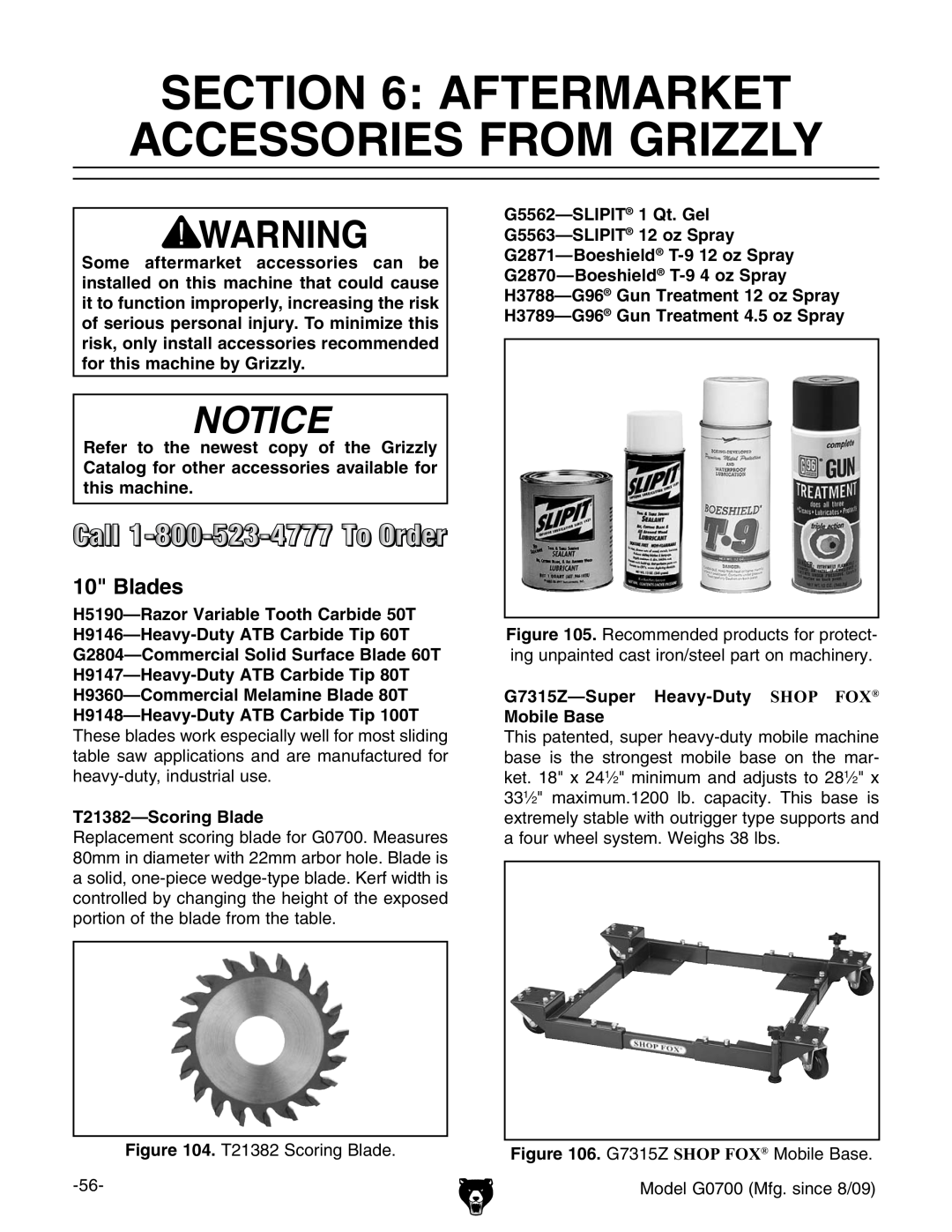 Grizzly G0700 owner manual Aftermarket Accessories From Grizzly, Blades 