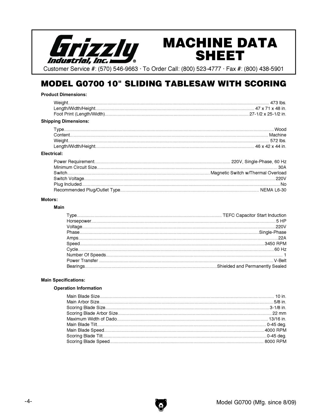 Grizzly Machine Data Sheet, MODEL G0700 10 SLIDING TABLESAW WITH SCORING, Product Dimensions, Shipping Dimensions, Main 