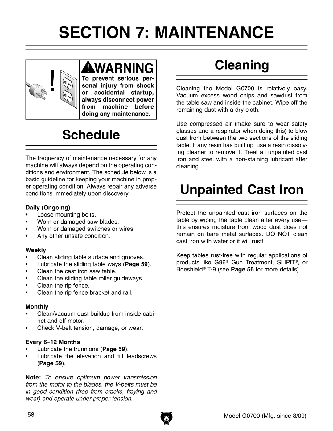 Grizzly G0700 owner manual Maintenance, Schedule, Cleaning, Unpainted Cast Iron 