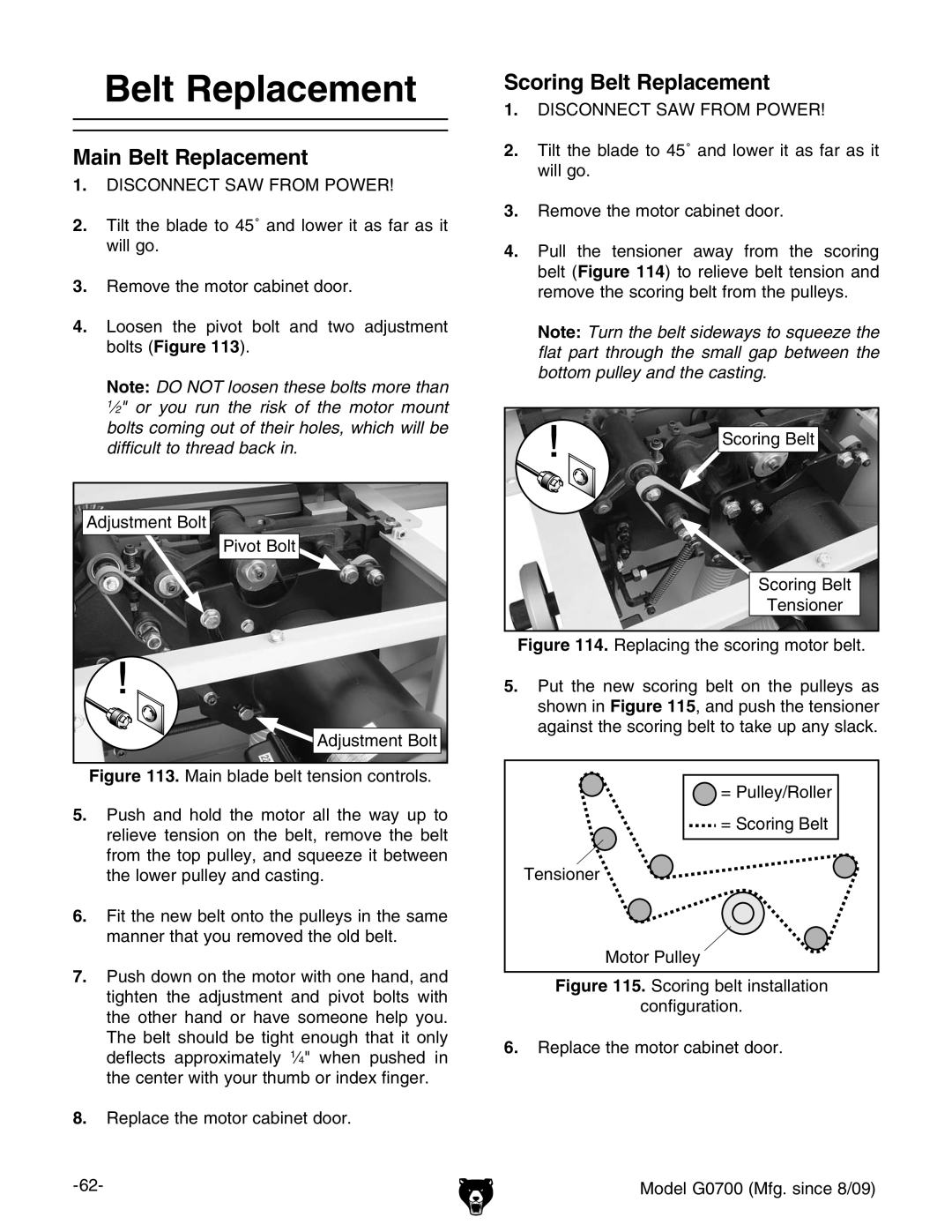 Grizzly G0700 owner manual Main Belt Replacement, Scoring Belt Replacement 