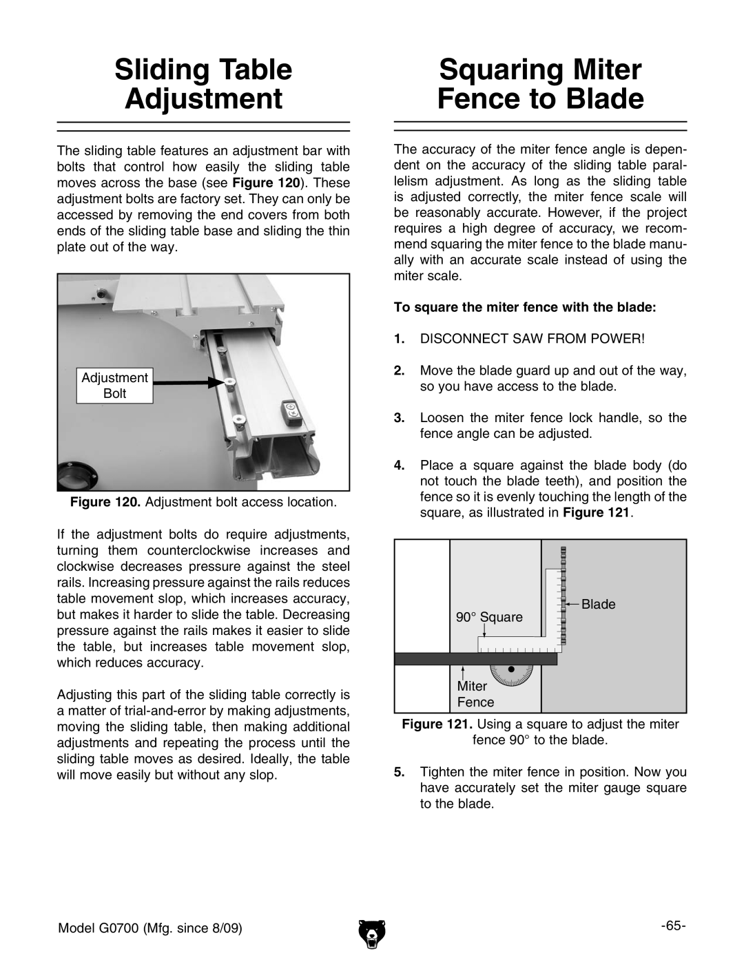 Grizzly G0700 owner manual Squaring Miter, Fence to Blade, Sliding Table, Adjustment 