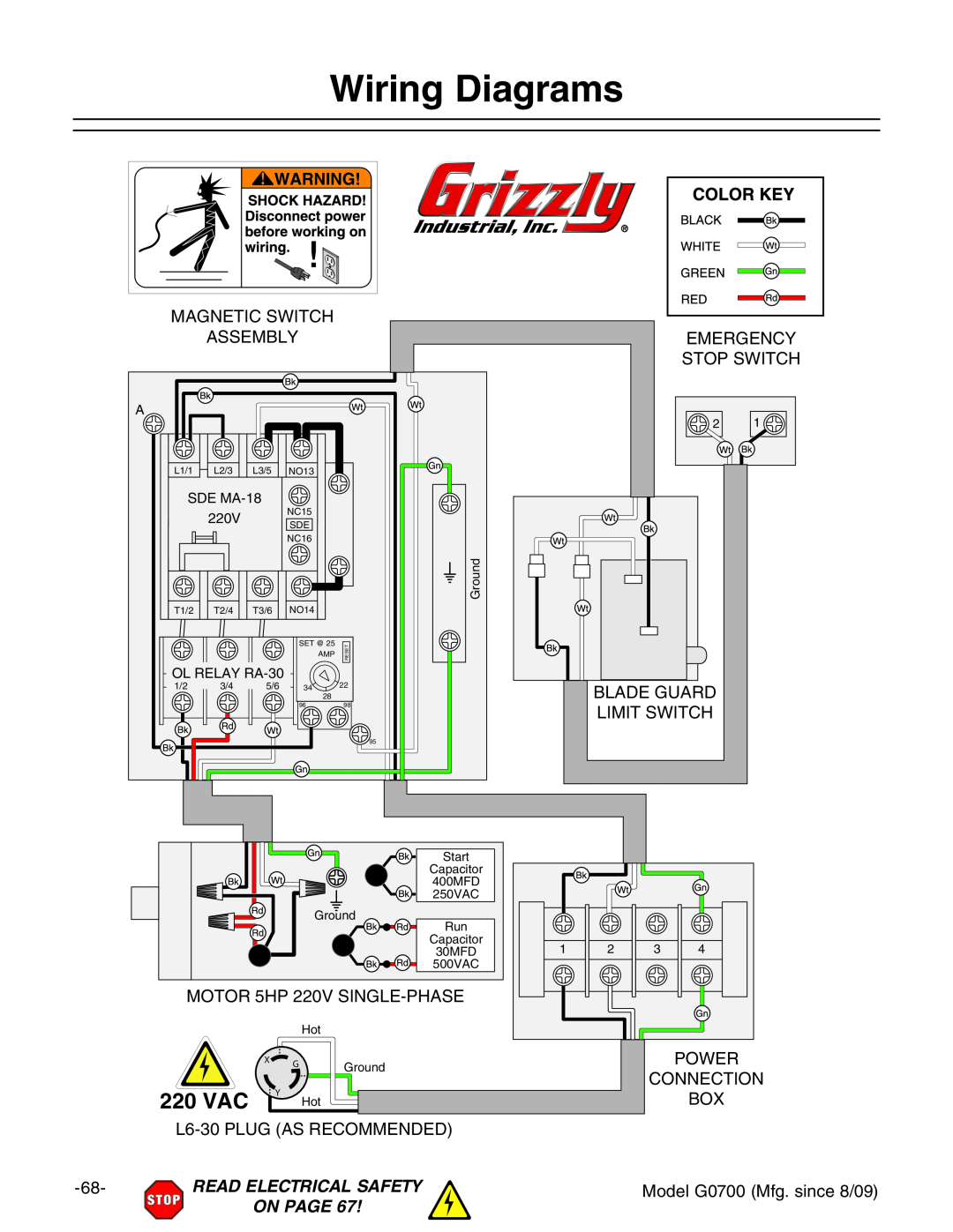 Grizzly G0700 Wiring Diagrams, 220 VAC, Stop Switch, Power, Read Electrical Safety, On Page, Capacitor, 250VAC, 500VAC 