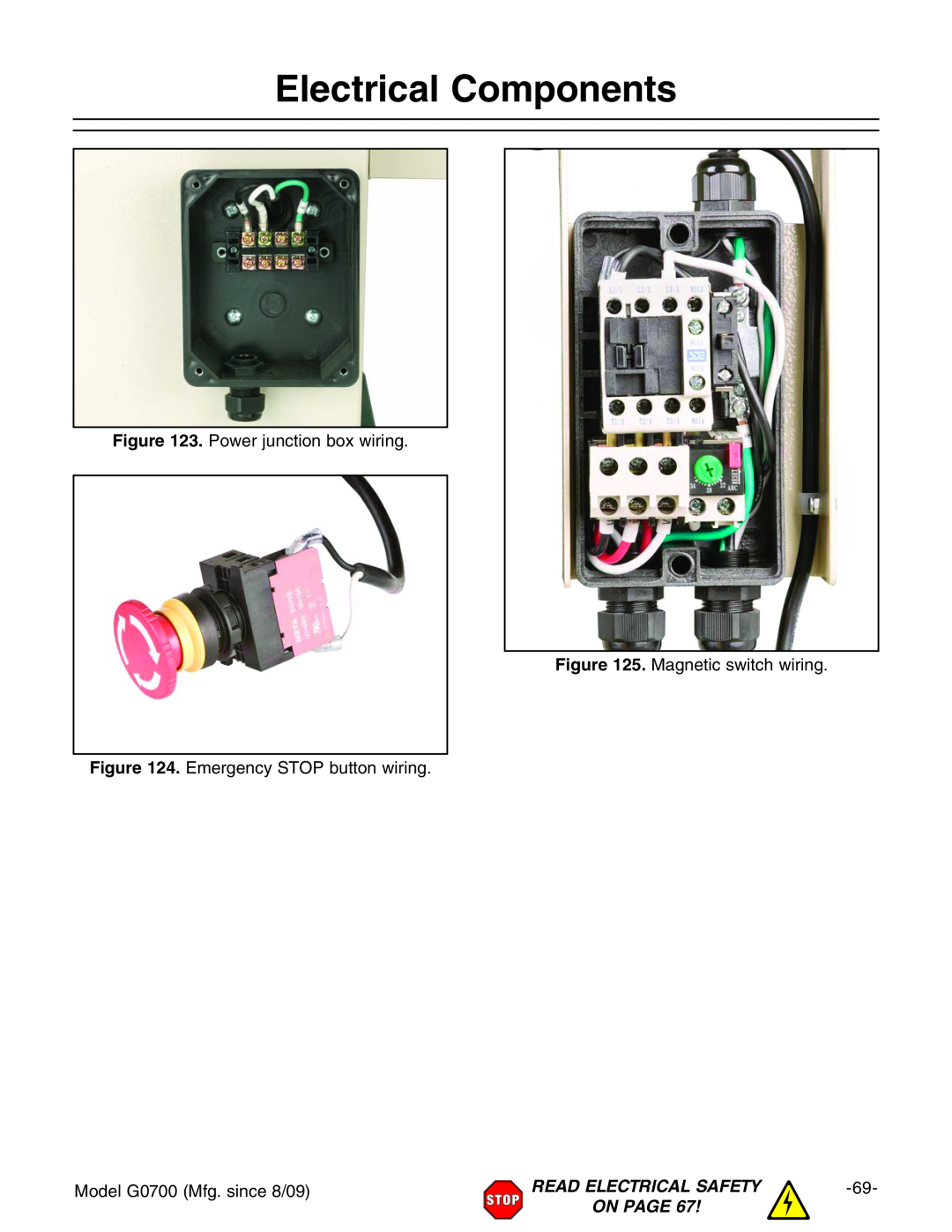 Grizzly G0700 Electrical Components, Power junction box wiring, Emergency STOP button wiring, Magnetic switch wiring 
