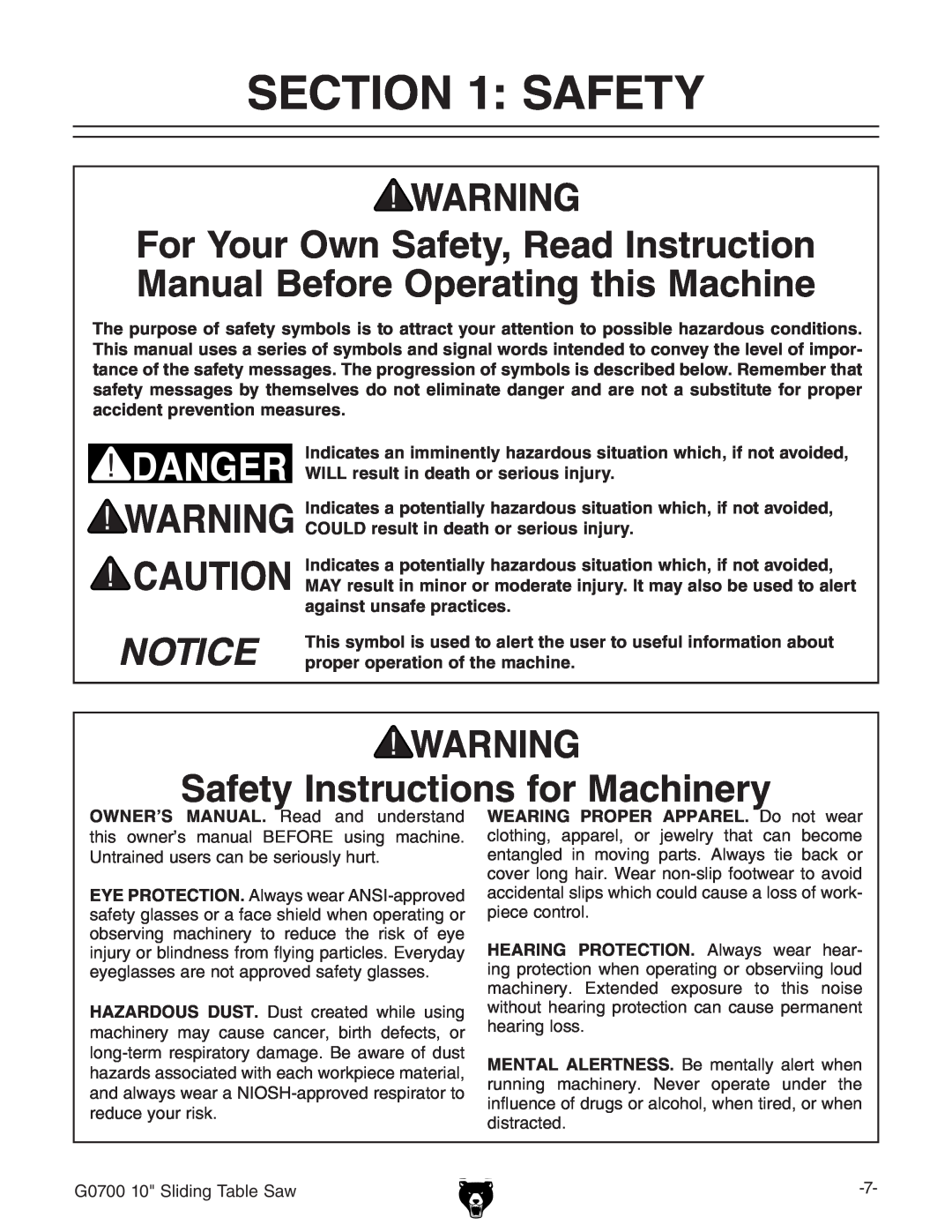 Grizzly G0700 owner manual Safety Instructions for Machinery 