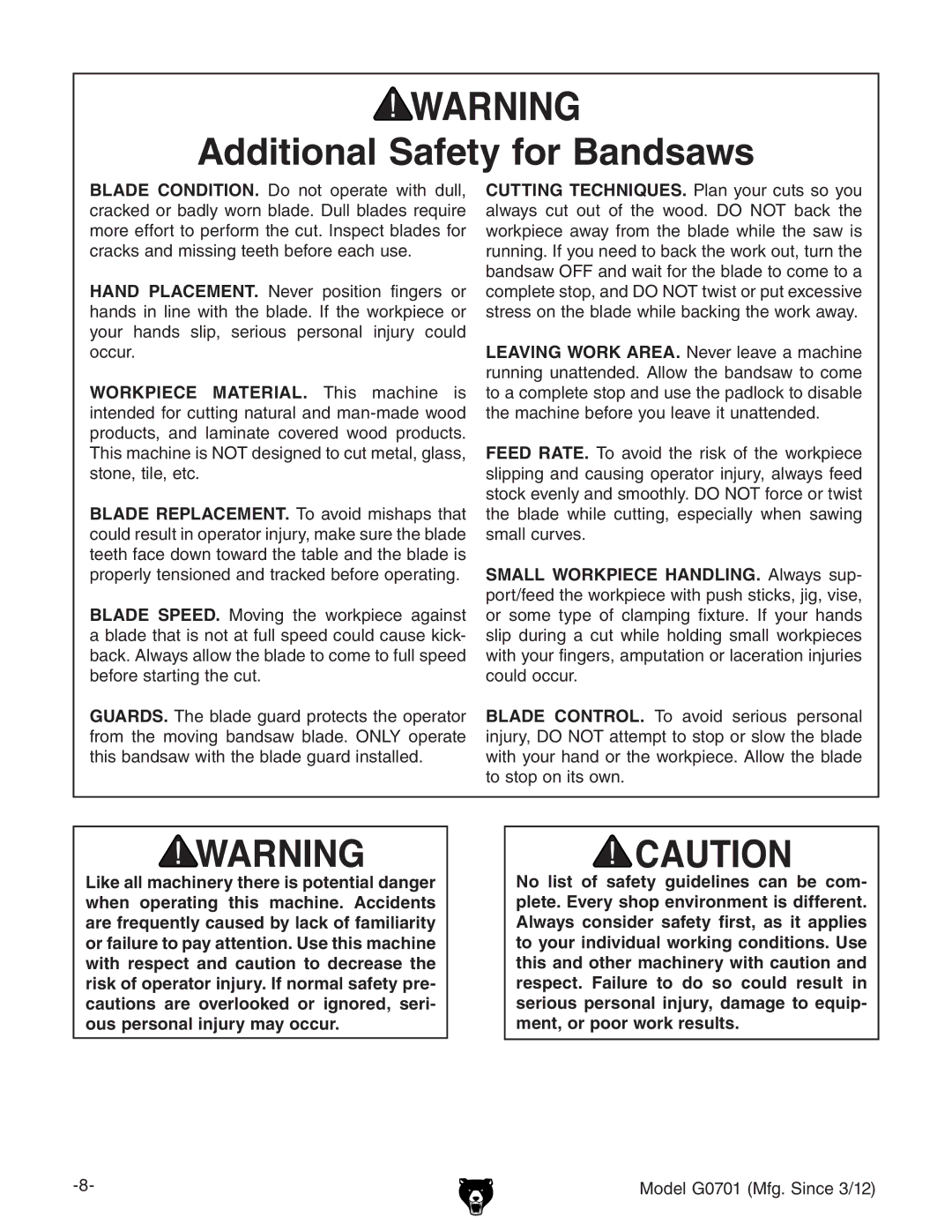 Grizzly G0701 owner manual Additional Safety for Bandsaws 