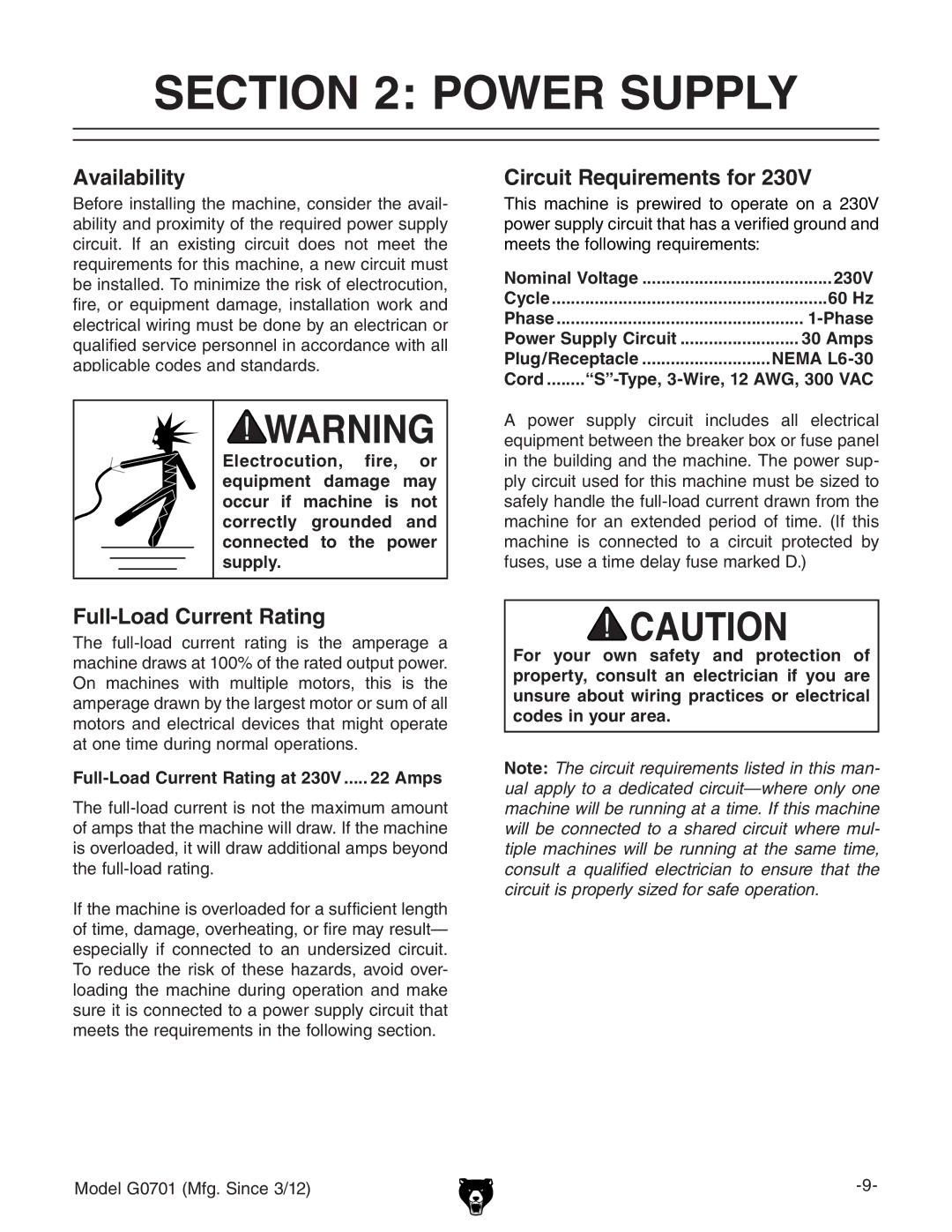 Grizzly G0701 owner manual Power Supply, Availability, Circuit Requirements for, Full-Load Current Rating 