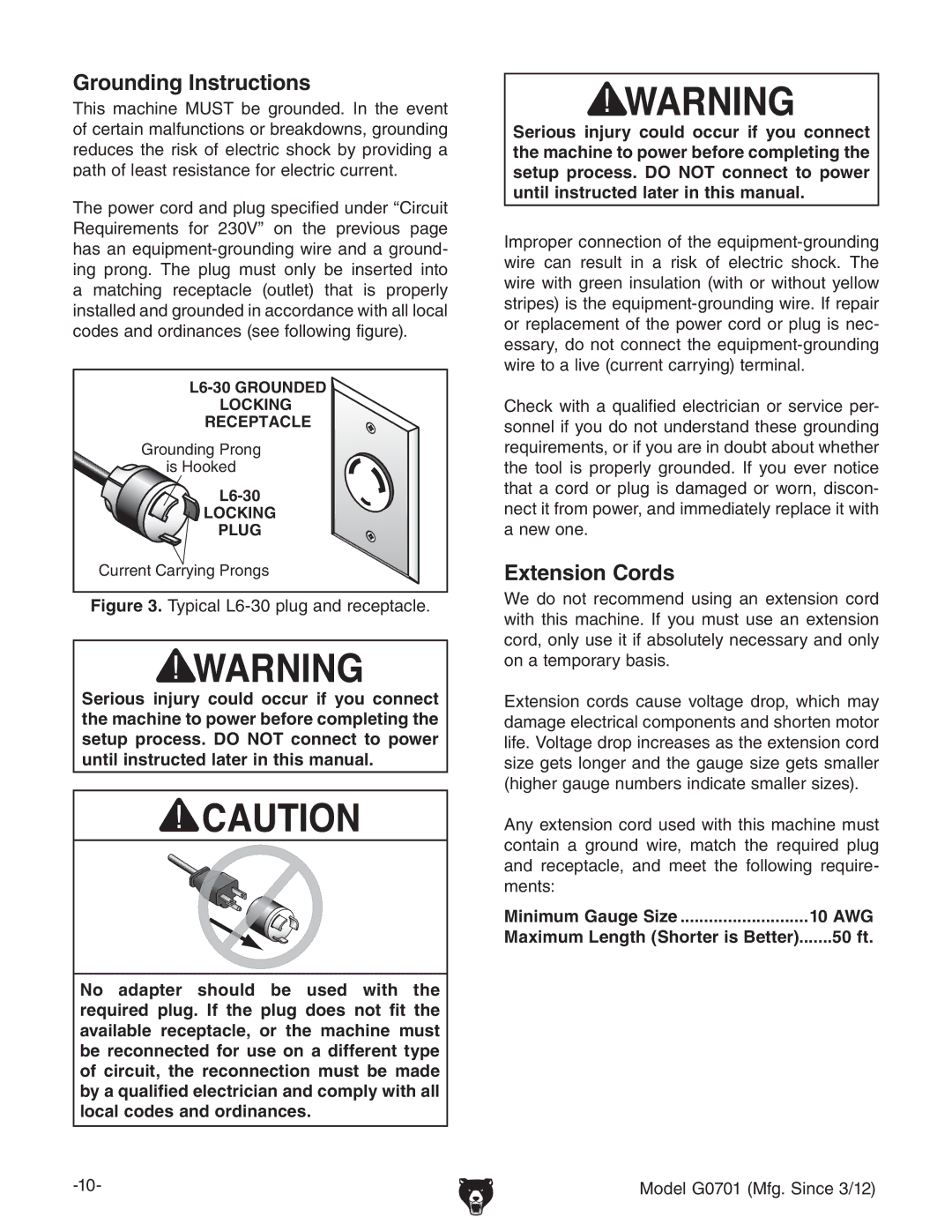 Grizzly G0701 owner manual Grounding Instructions, Extension Cords, Minimum Gauge Size 10 AWG, 50 ft 