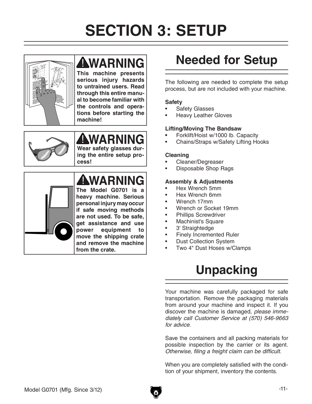 Grizzly G0701 owner manual Needed for Setup, Unpacking 