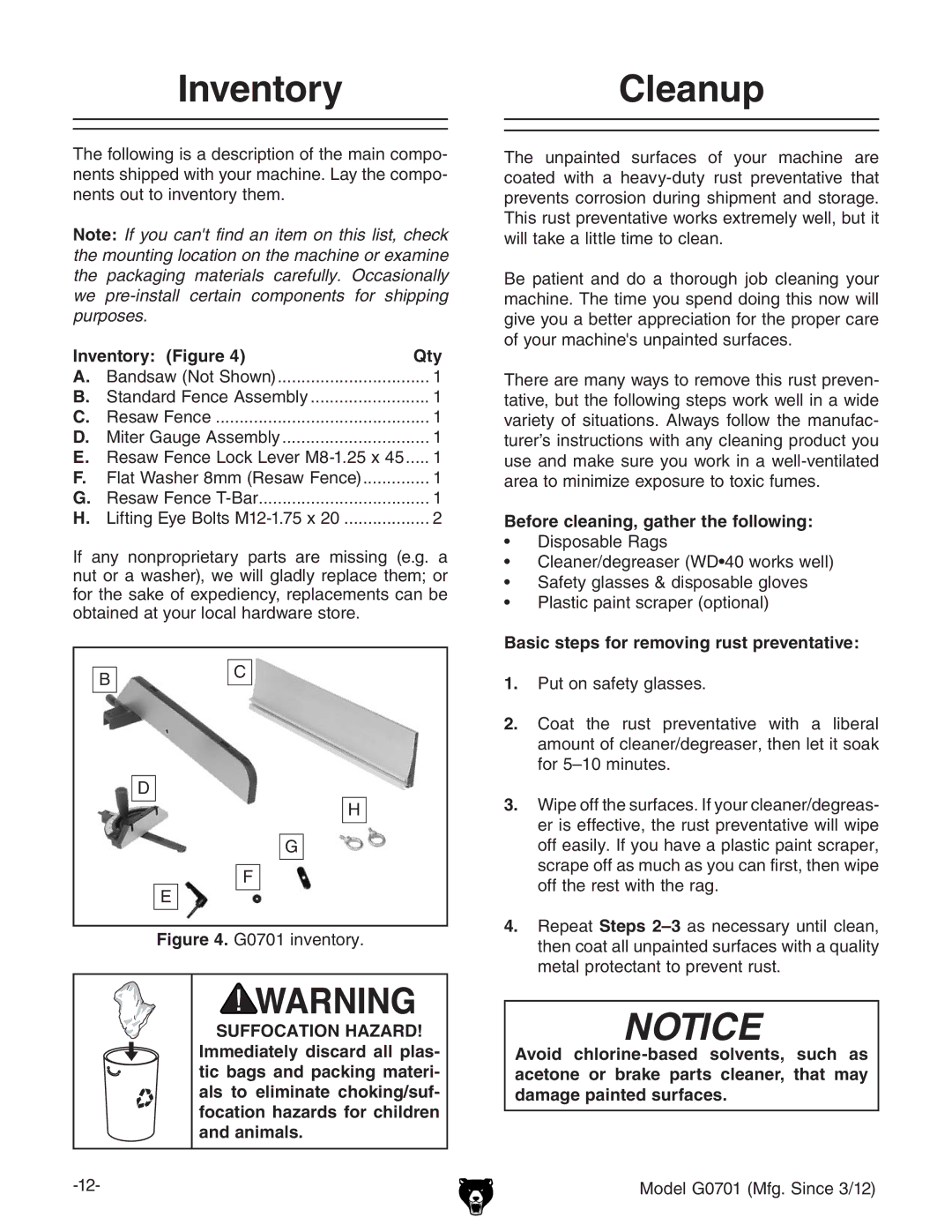 Grizzly G0701 InventoryCleanup, Inventory Figure Qty, Basic steps for removing rust preventative,  EjidchVZin\aVhhZh# 