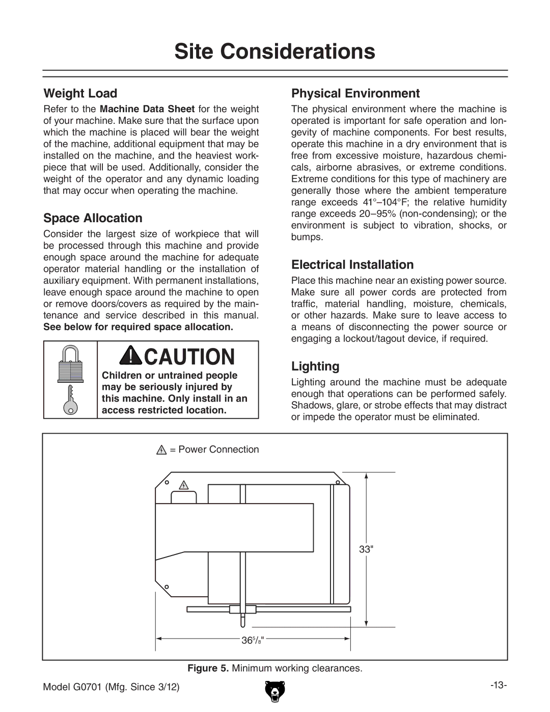 Grizzly G0701 owner manual Site Considerations 