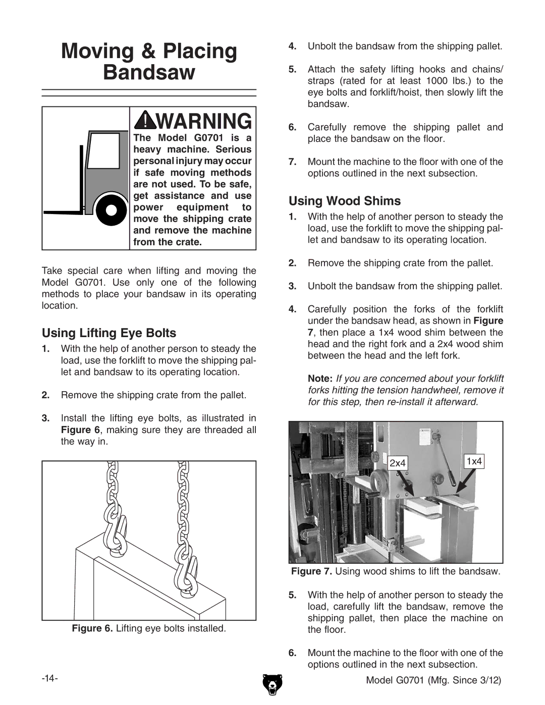 Grizzly G0701 Moving & Placing Bandsaw, Using Lifting Eye Bolts, Using Wood Shims,  GZbdkZiZheec\XgViZgdbiZeVaaZi# 