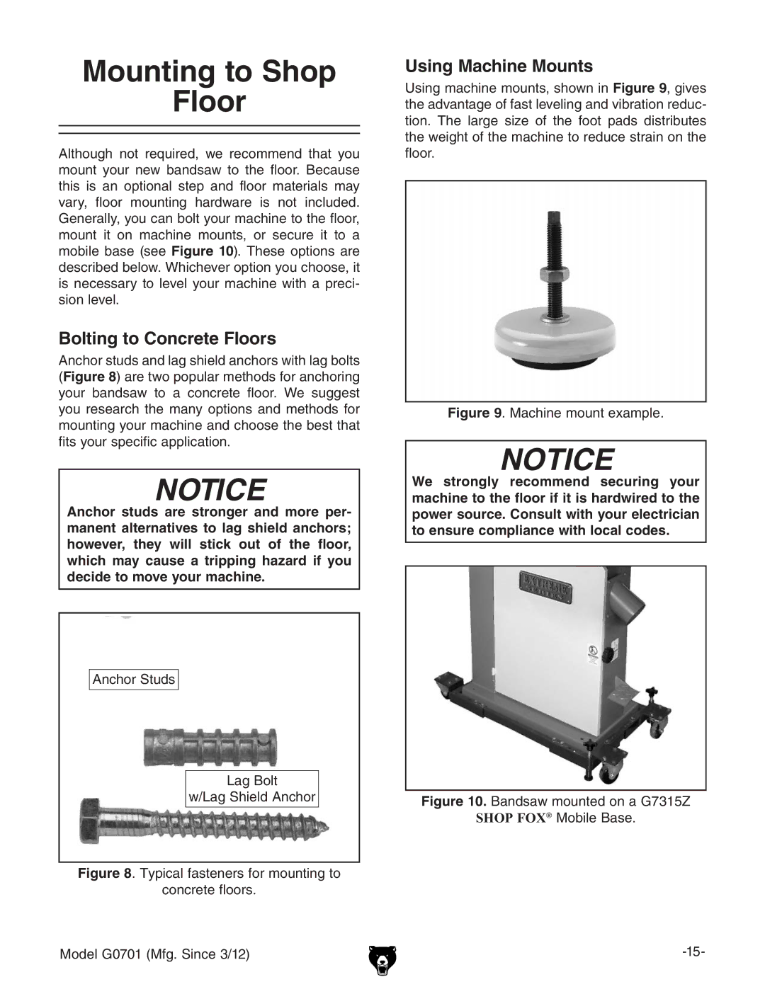 Grizzly G0701 owner manual Mounting to Shop Floor, Bolting to Concrete Floors, Using Machine Mounts 