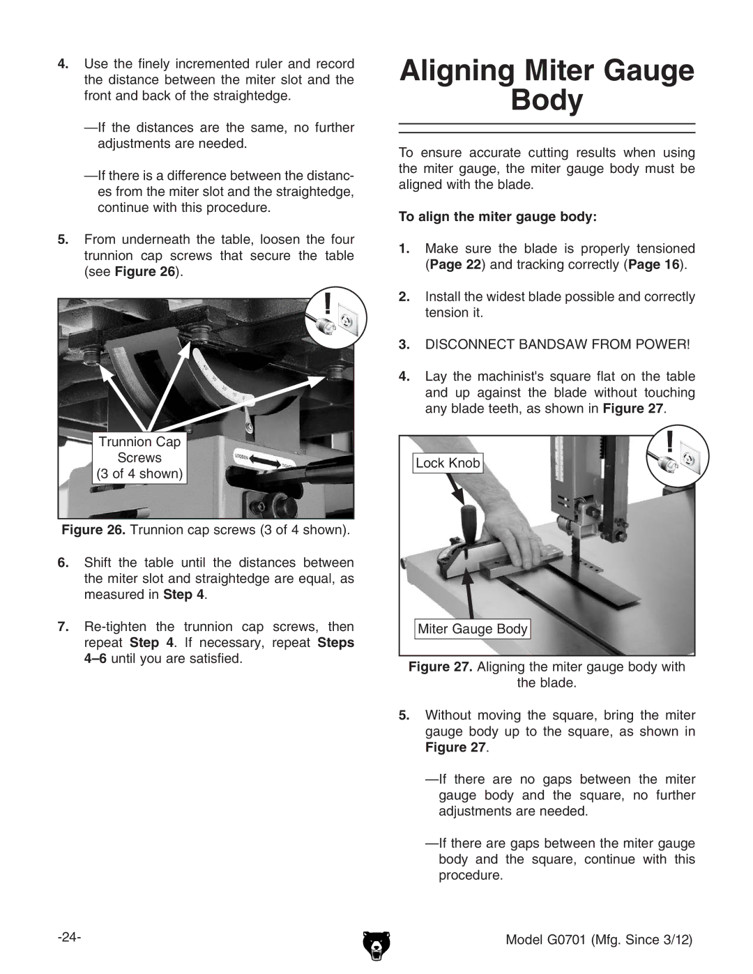 Grizzly G0701 owner manual Aligning Miter Gauge Body, hZZ #, To align the miter gauge body 