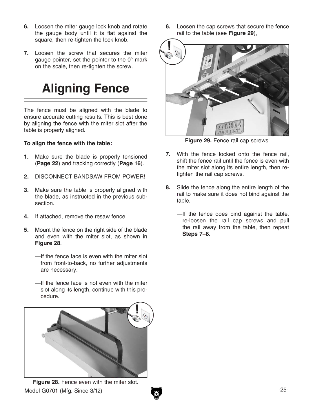 Grizzly G0701 owner manual Aligning Fence, To align the fence with the table,  ViiVXZY!gZbdkZiZgZhVlZcXZ# 