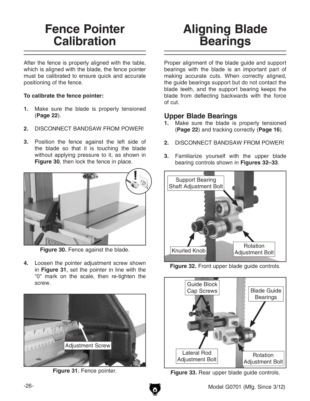 Grizzly G0701 Fence Pointer Calibration, Aligning Blade Bearings, Upper Blade Bearings, To calibrate the fence pointer 