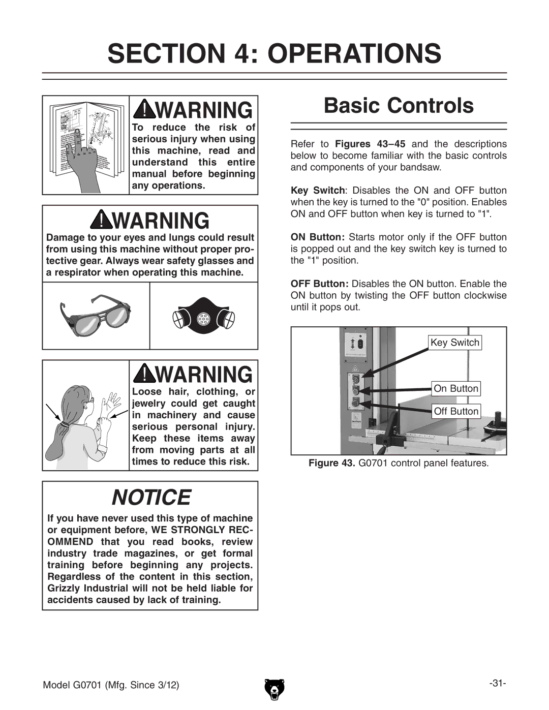 Grizzly G0701 owner manual Operations, Basic Controls, @ZnHliX Dc7jiidc 