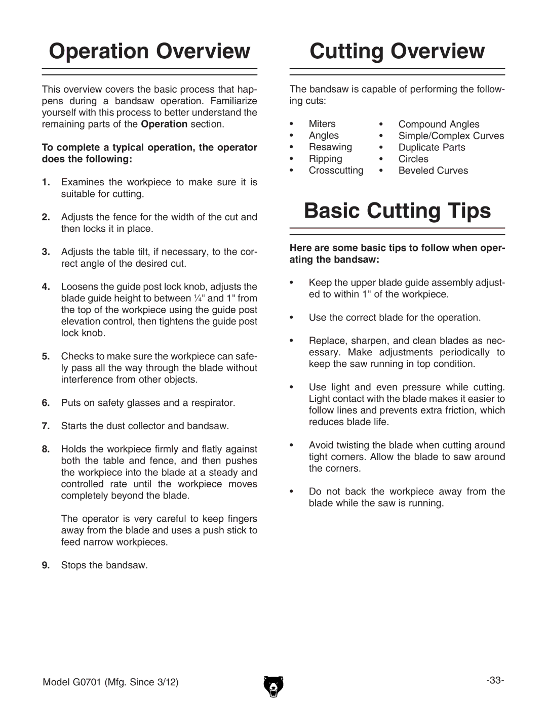 Grizzly G0701 Operation Overview, Cutting Overview, Basic Cutting Tips,  HidehiZWVcYhVl# BdYZa%,%&B\#HcXZ$& 