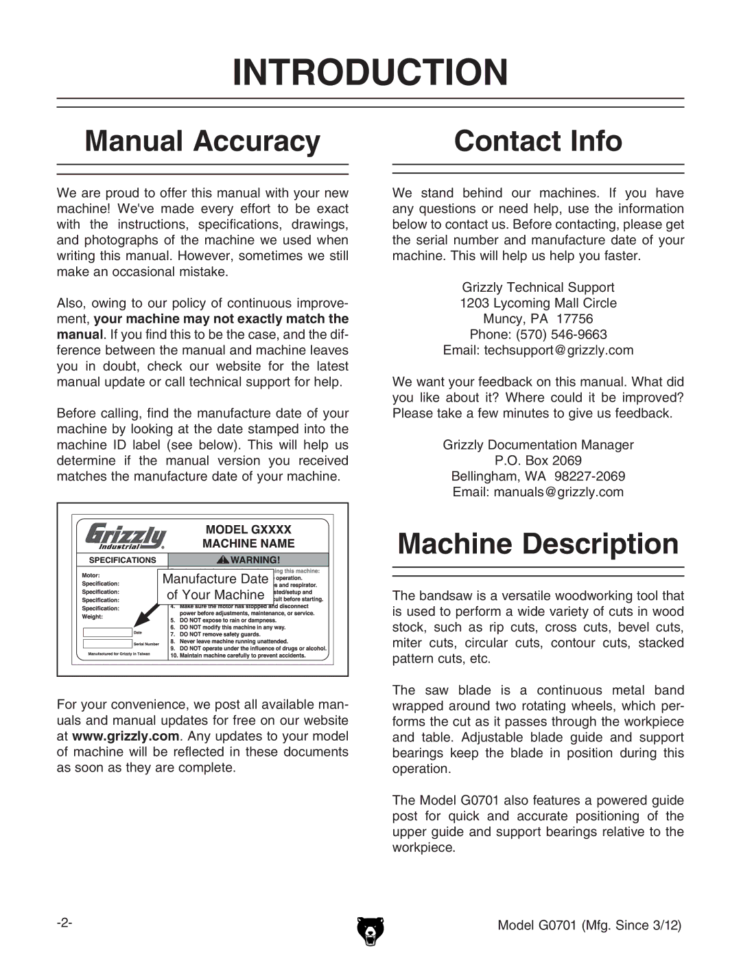 Grizzly G0701 owner manual Introduction, Manual Accuracy Contact Info, Machine Description, NdjgBVXcZ 