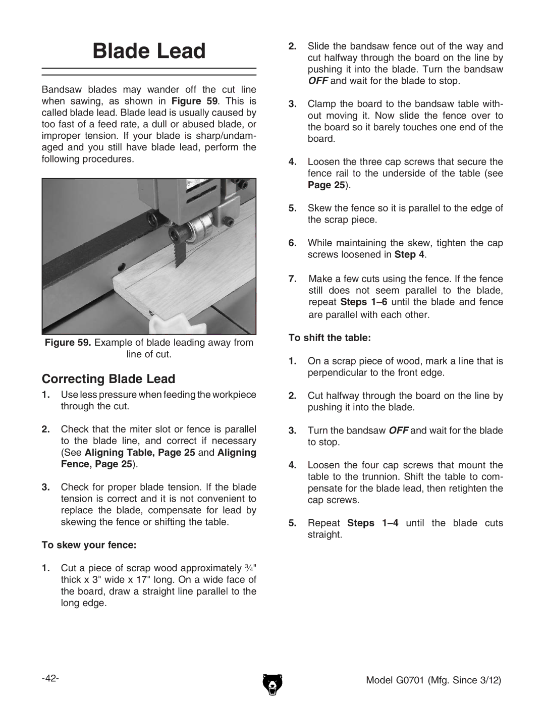 Grizzly G0701 owner manual Correcting Blade Lead, To skew your fence, 25#, To shift the table 