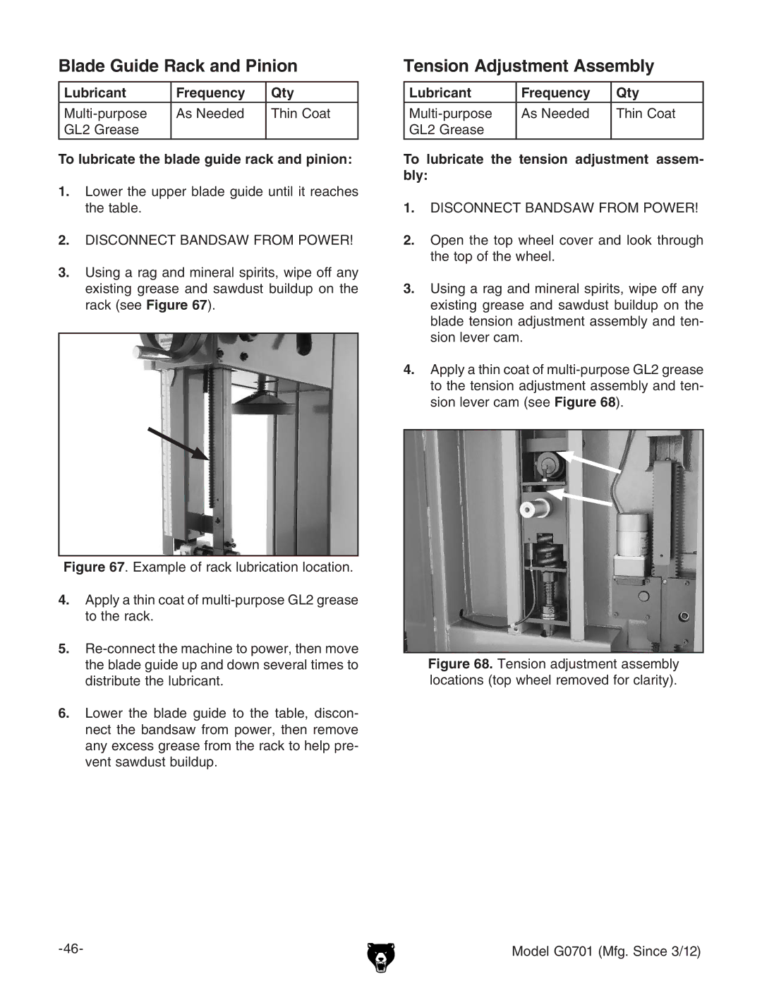 Grizzly G0701 owner manual Blade Guide Rack and Pinion, Tension Adjustment Assembly, Lubricant Frequency Qty 