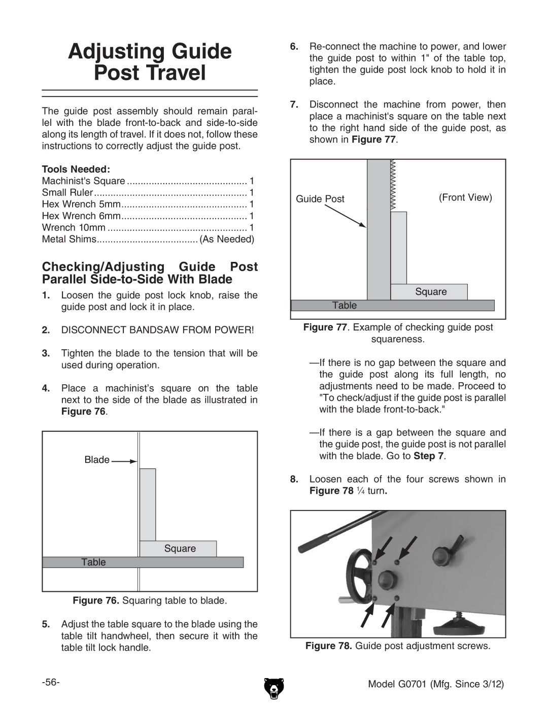 Grizzly G0701 owner manual Adjusting Guide Post Travel, Tools Needed, JYZEdhi, AddhZc ZVX d iZ djg hXgZlh hdlc c 