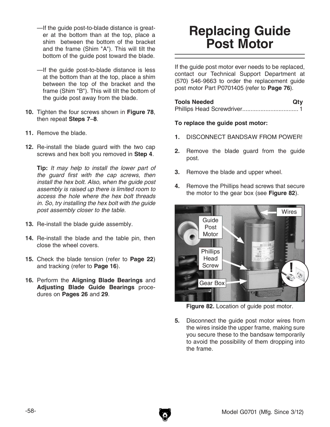 Grizzly G0701 Replacing Guide Post Motor, GZchiVaaiZWaVYZ\jYZVhhZbWan#, To replace the guide post motor, HXgZl ZVg7dm 