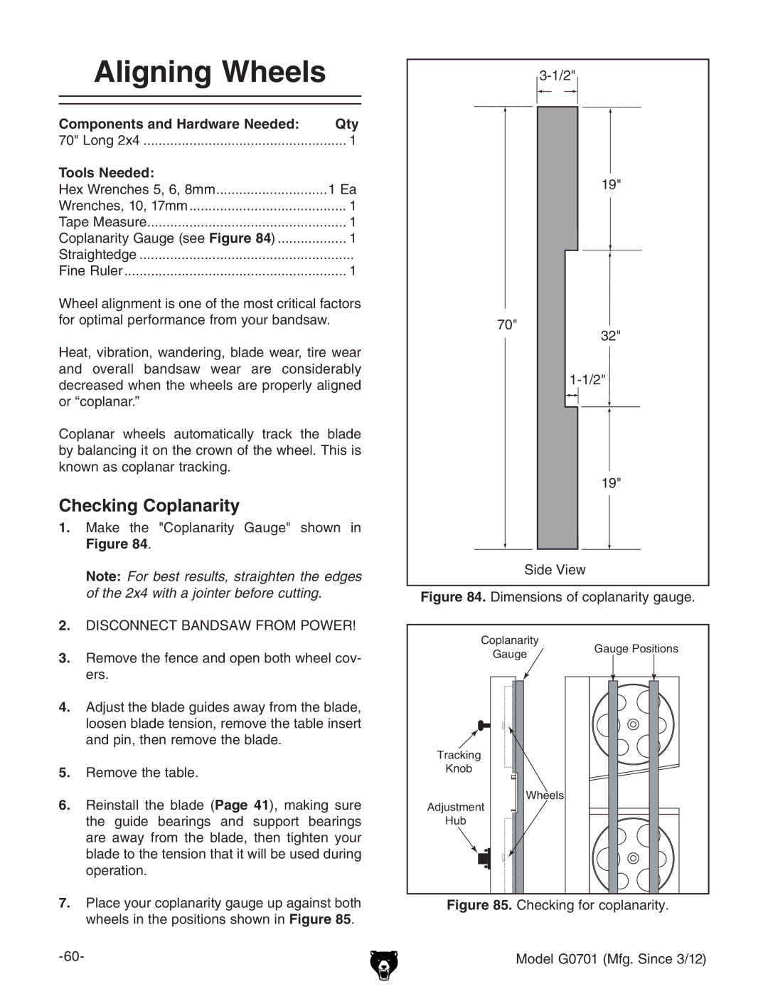 Grizzly G0701 owner manual Aligning Wheels, Checking Coplanarity, Components and Hardware Needed Qty 